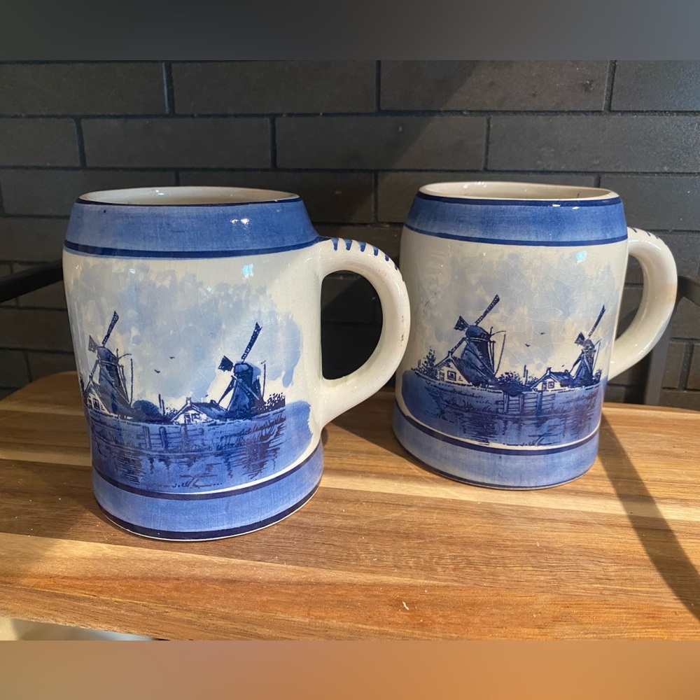 Vintage Delft Blue Hand-Painted Mug/Stein ~ Flowers/Windmill 💙🤍